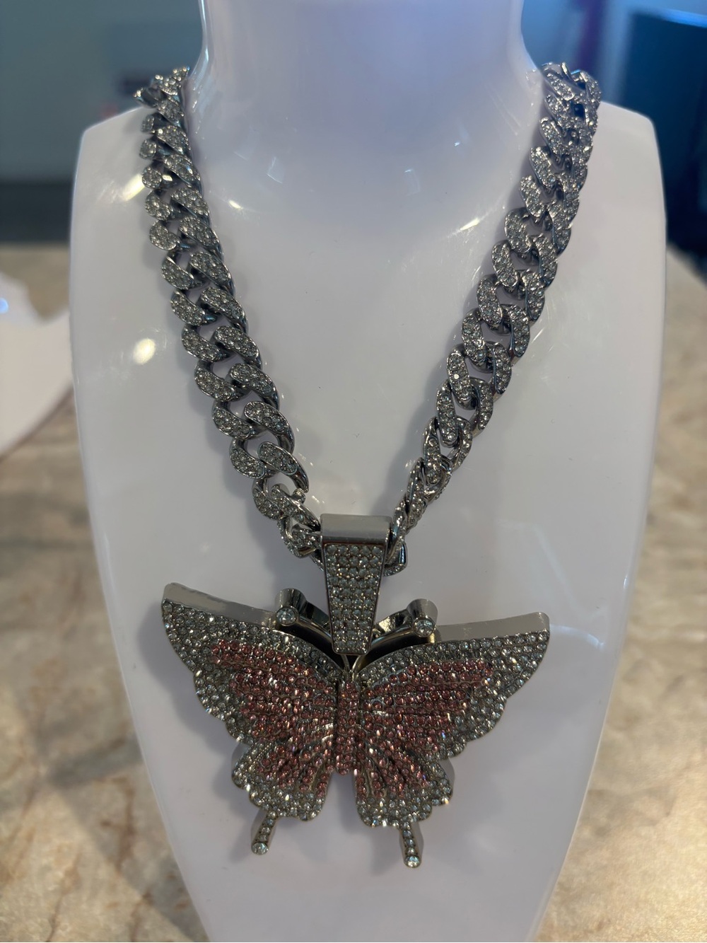 Crystal-Studded Pink Butterfly Pendant Necklace - Women Jewelry